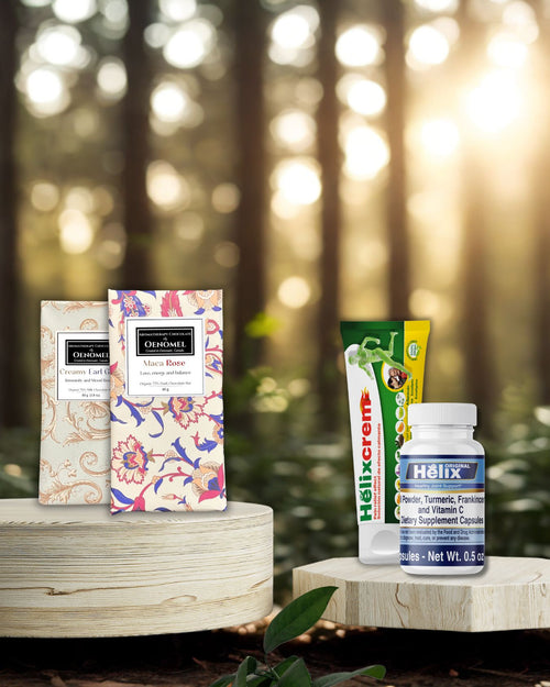 Westcoast Naturals wellness bundle — Helix Original supplement, HelixCrem topical, and Oenomel chocolates